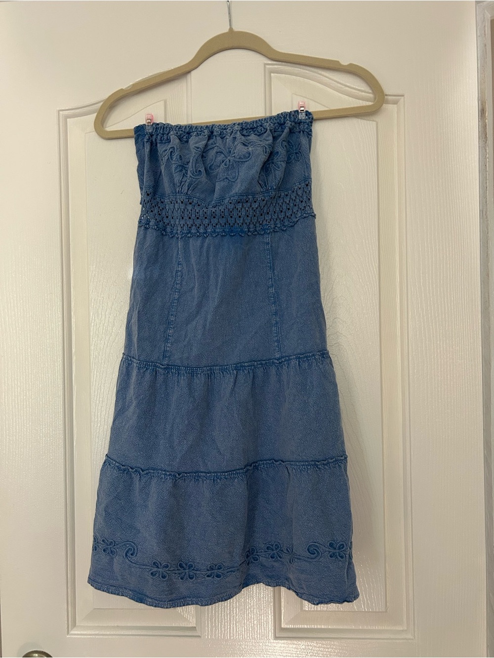 Strapless Blue Embroidered Tiered Mini Dress